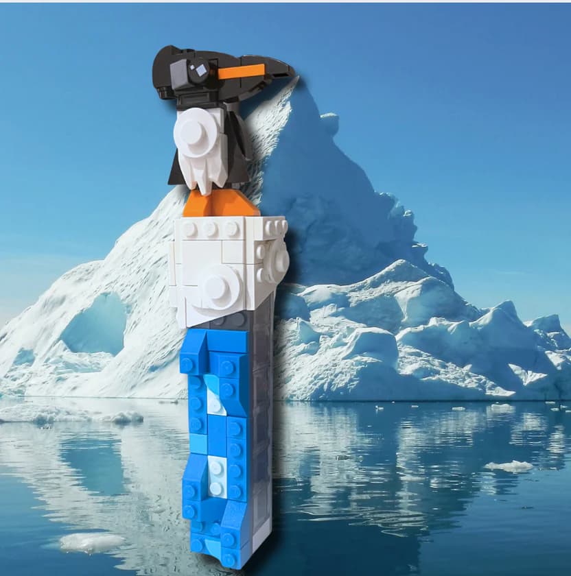 Assembled Penguin Mezuzah built from LEGO bricks